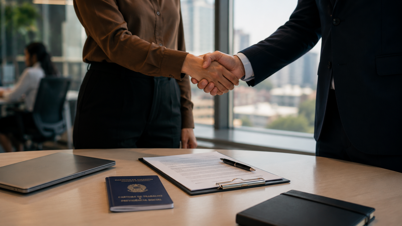 Aperto de mãos sobre mesa de reunião, com carteira de trabalho e contrato - formalização de contratação de um profissional no Brasil